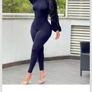 Solid Navy Blue Backless Long Sleeve Jumpsuit sz XL